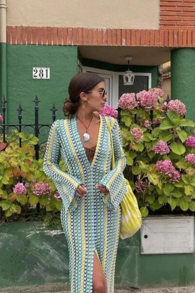 Robe maxi à rayures colorées au crochet pour femmes